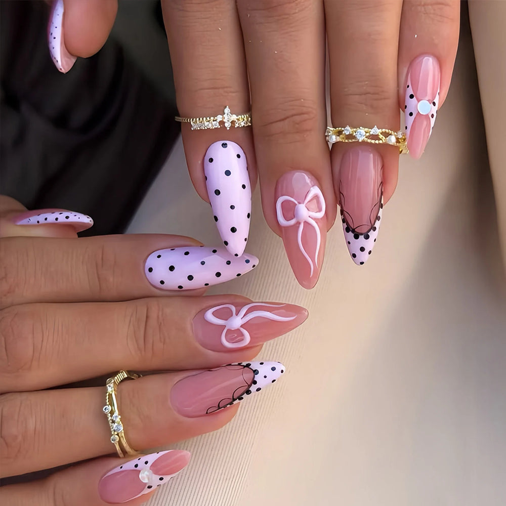 Black Polka Dot Lace 3D Bow Press-On Nails – Almond, 24 Pcs