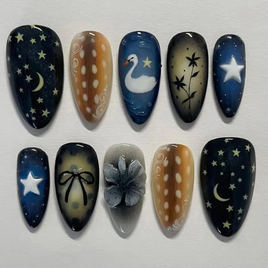 Vintage Painting Star, Moon & Swan Press-On Nails – Almond, 24 Pcs