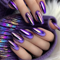 Fashion purple fake nails for women girls Holographic Plated metallic effect Medium long almond waterdrop tips press on nail art