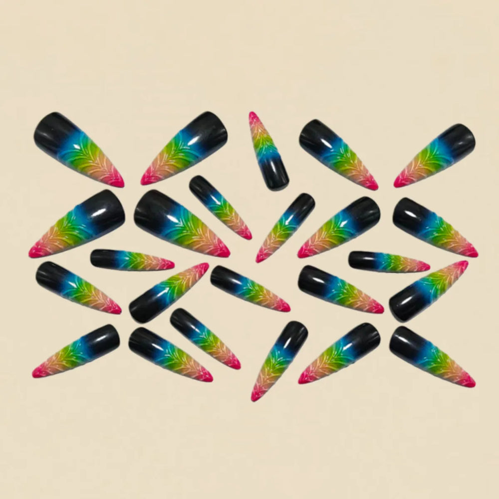 3D Embossed Bow Gradient Press-On Nails – Blue Yellow Pink Red, Long Waterdrop