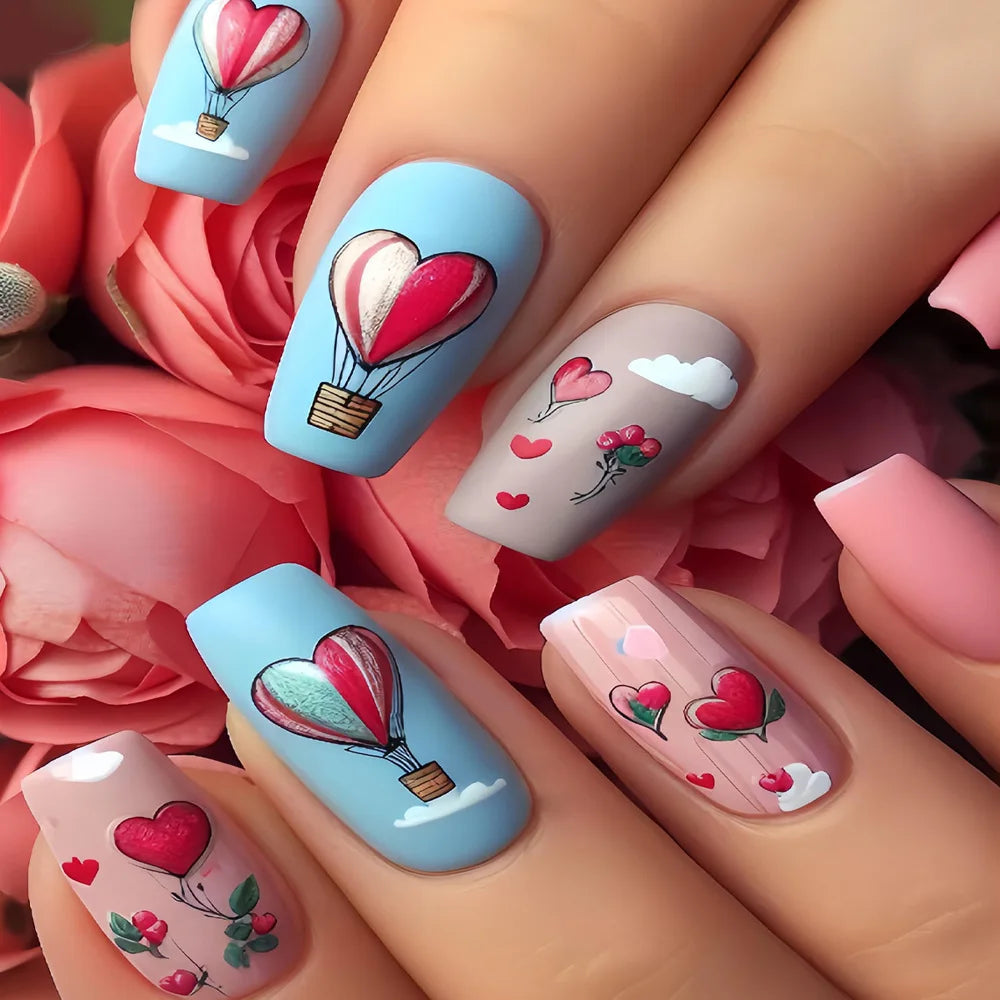 Medium fake nails for women girls y2K pink blue yellow beige cute heart Square nail tips for Valentine's Day press on false nail