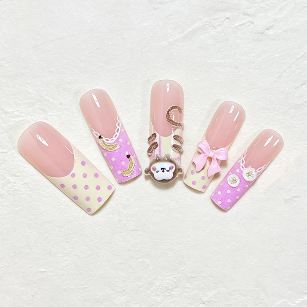 Pink & Yellow 3D Bow Monkey Banana Press-On Nails – Long Coffin, 24 Pcs