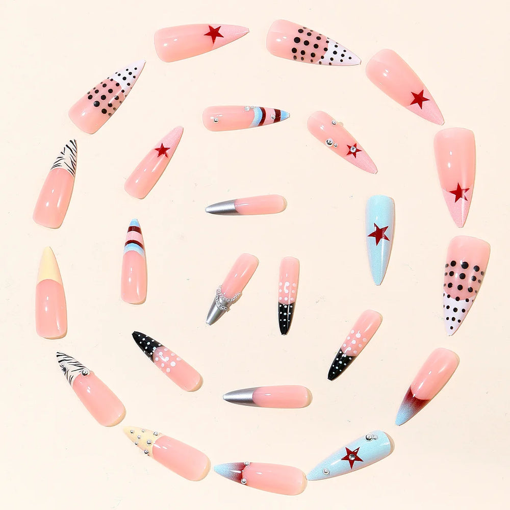 Y2K Star Chain Polka Dot Press-On Nails – Long Stiletto, 24 Pcs