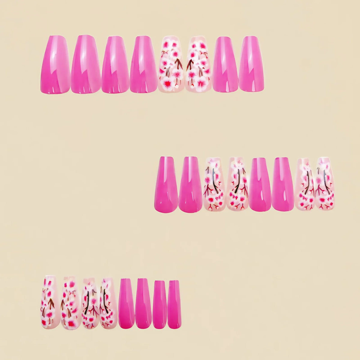 Medium fake nails for women girls pink red yellow blue flowers for Spring summer ballet shape full cover press on nails set