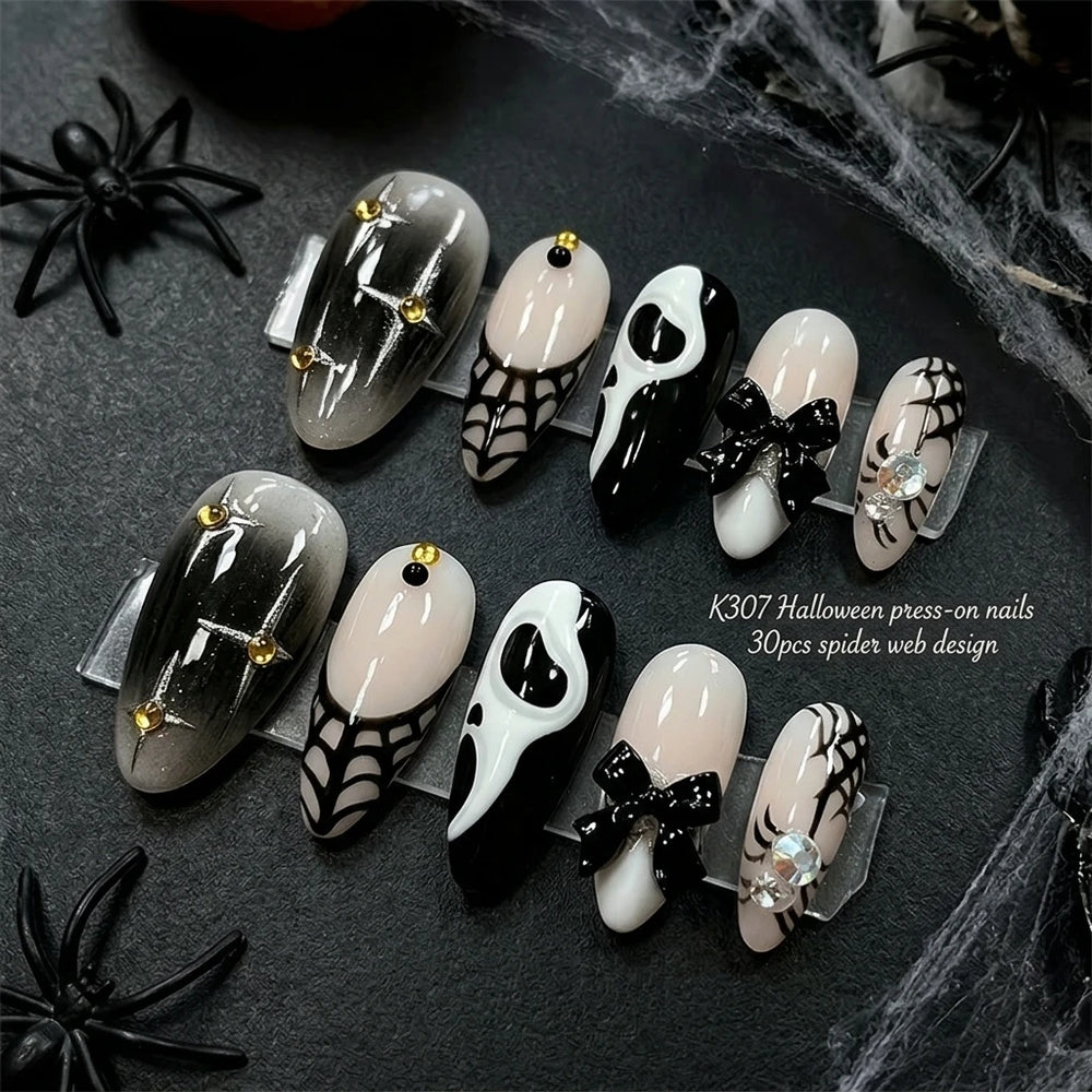 Black Ombre Horror Ghost & Spider Web Press-On Nails – Almond, 30 Pcs