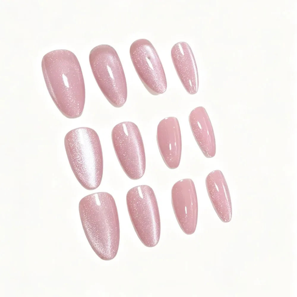 24pcs/set fake nails for women girl light pink cat eyes glossy sparkling shimmer nail tips almond shape full cover press on nail