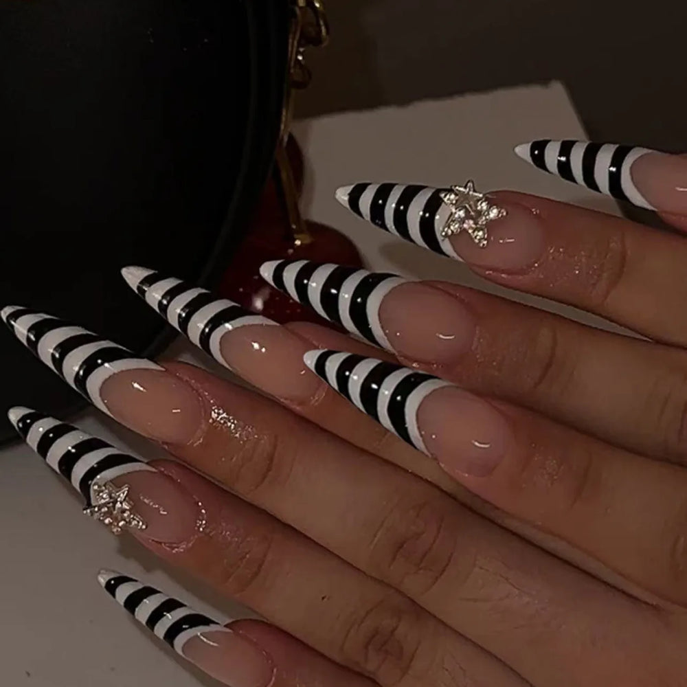 Black & White Zebra Stripe Press-On Nails – Long Stiletto, 24 Pcs
