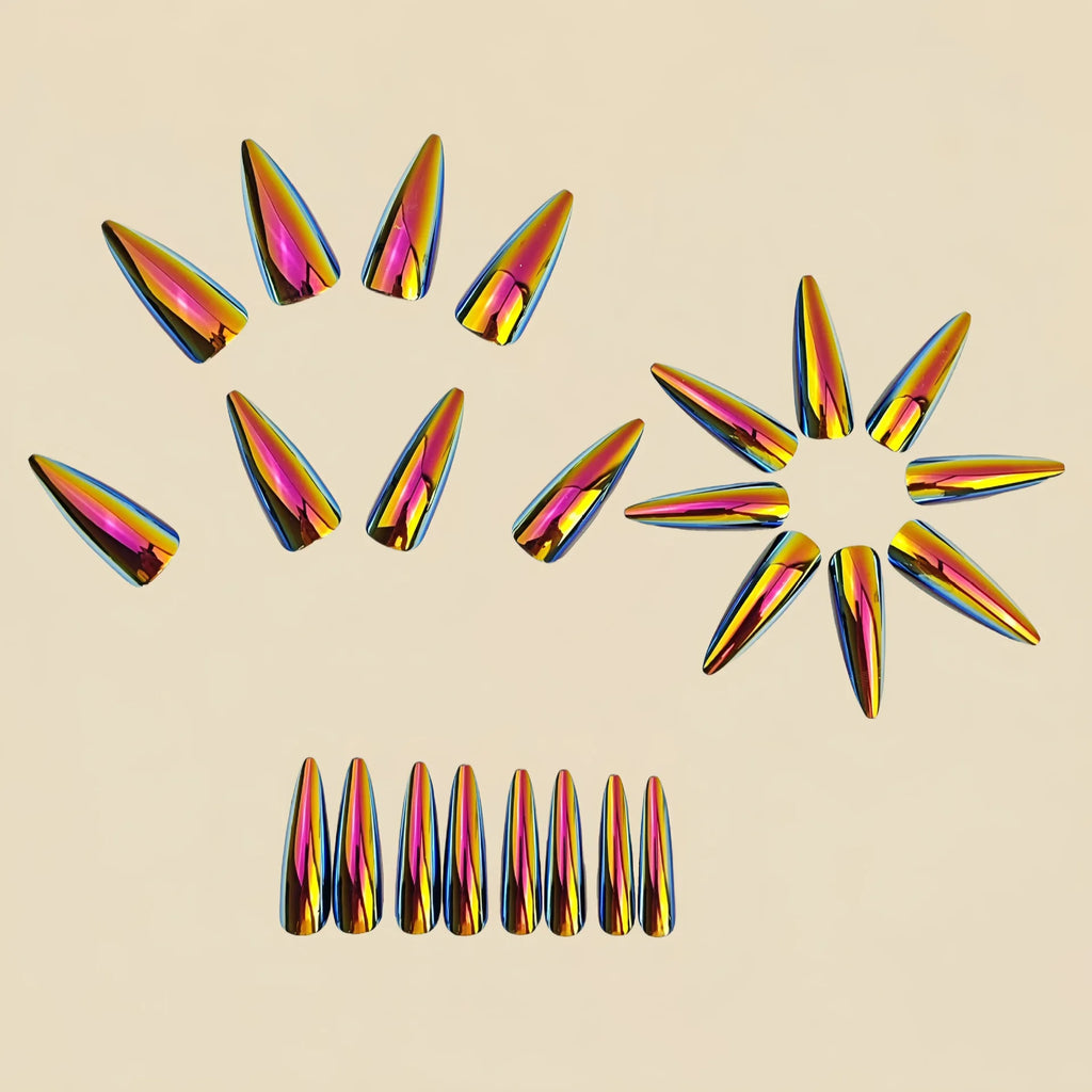 Medium long fake nails Holographic Plated gradient brown golden aurora colors waterdrop ballet shaped full cover press on nails
