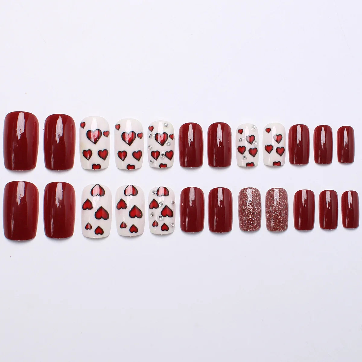 Medium square fake nails for Valentine's Day cute red heart with rhinestones design full cover french nail tips press on nails