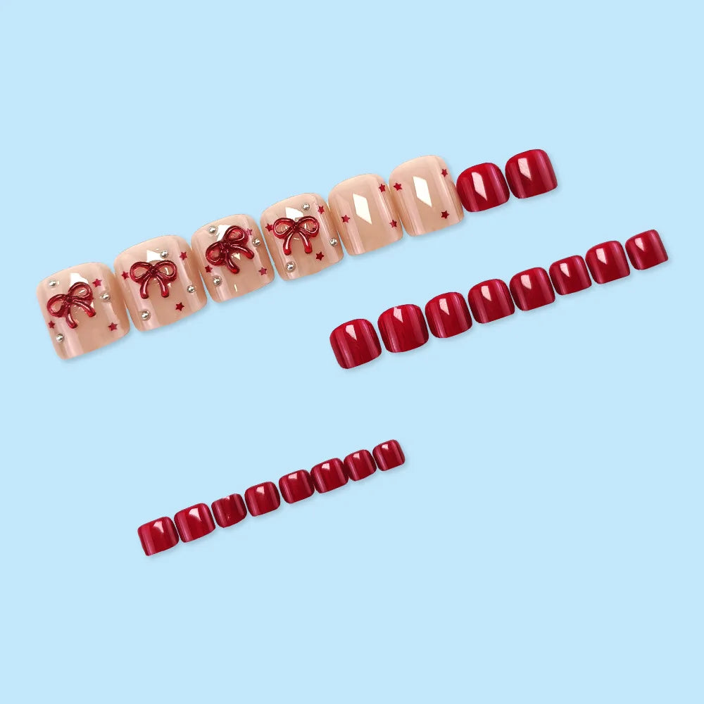 Red Bow & Star Rhinestone Press-On Toenails – Short Square, 24 Pcs