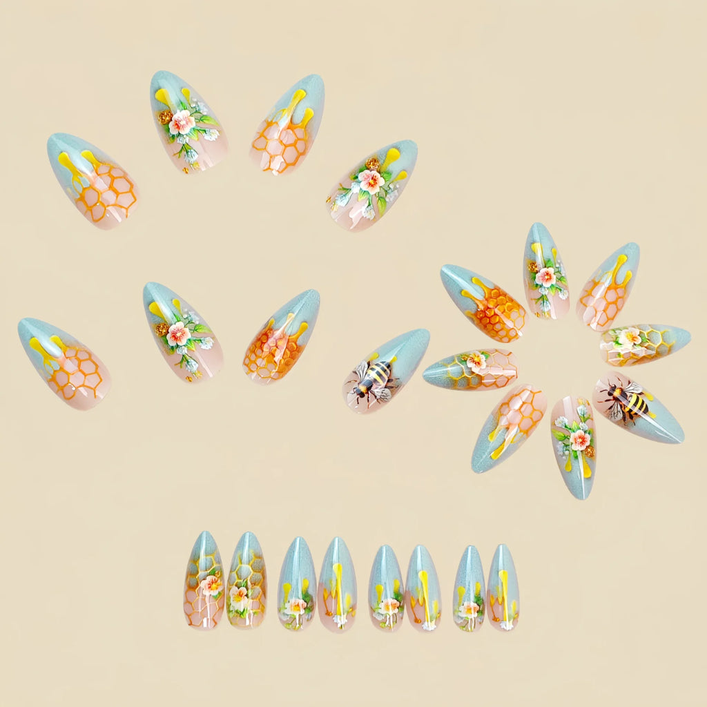 24pcs/set fake nails for women gradient nude green colors with flowers honeybee printing almond full cover press on false nail