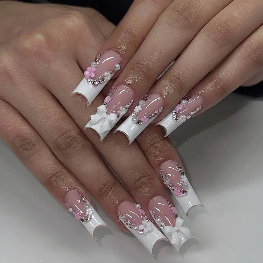 Nude Pink 3D Bow French Press-On Nails – Long Square, 24 Pcs
