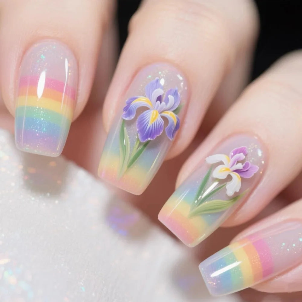 24pcs/sest Short Medium fake nails for women girls colorful flowers Mushroom beach for Summer Autumn Press on false nail tips