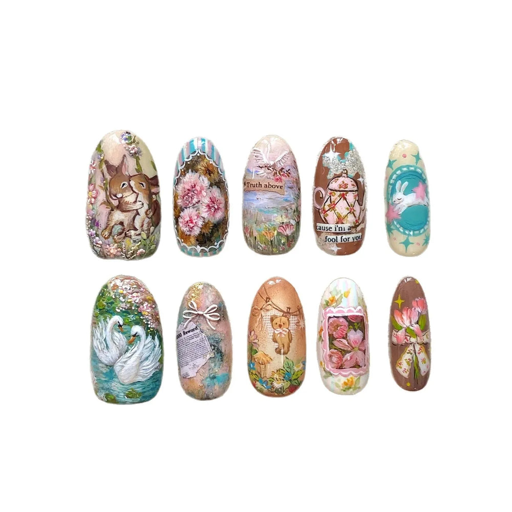 Vintage Floral Field Journal Press-On Nails – Almond, 24 Pcs