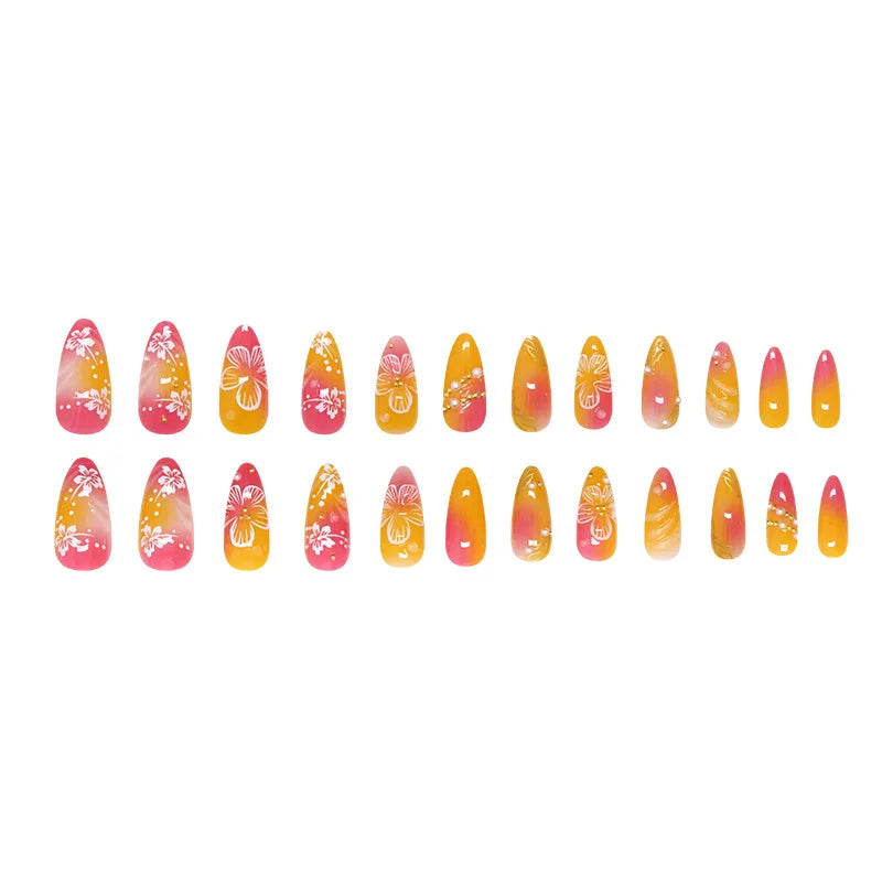 Gold Pink 3D Flower & Pearl Press-On Nails – Almond, 24 Pcs