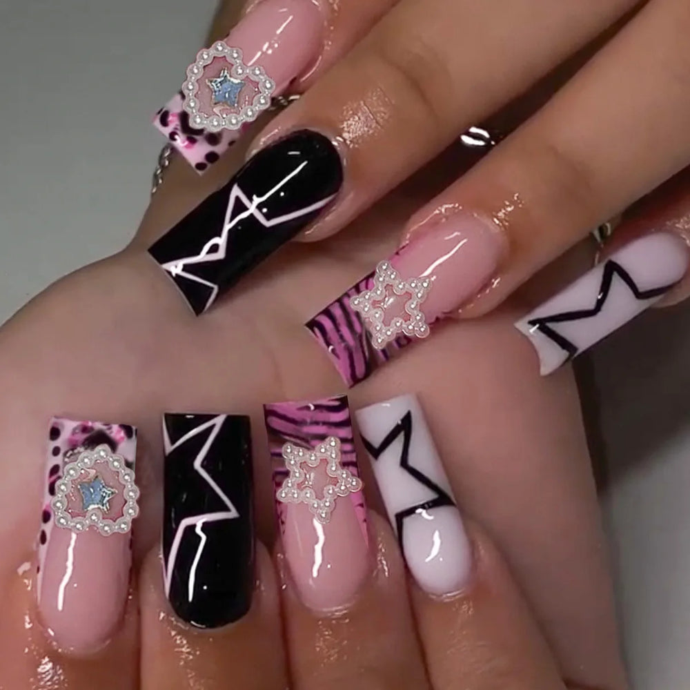 Pink & Black Stripe Polka Dot 3D Star Bow Press-On Nails – Long Square, 24 Pcs