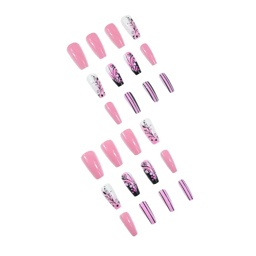 Medium fake nails for women gilrs Gradient pink green with flowers design for Spring summer full cover press on acrylic nail