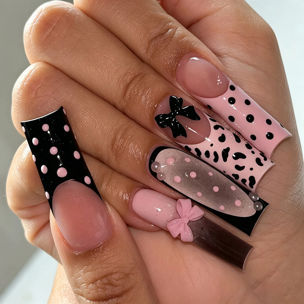 Black Polka Dot Bow & Pearl Press-On Nails – Long Coffin, 24 Pcs