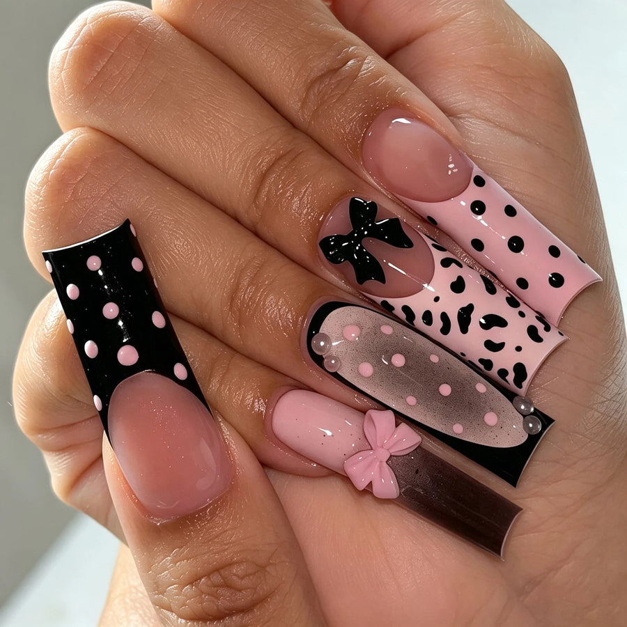 Black Polka Dot Bow & Pearl Press-On Nails – Long Coffin, 24 Pcs
