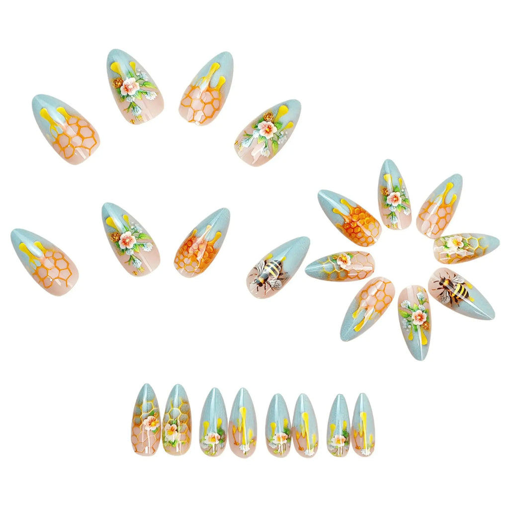 24pcs/set fake nails for women gradient nude green colors with flowers honeybee printing almond full cover press on false nail