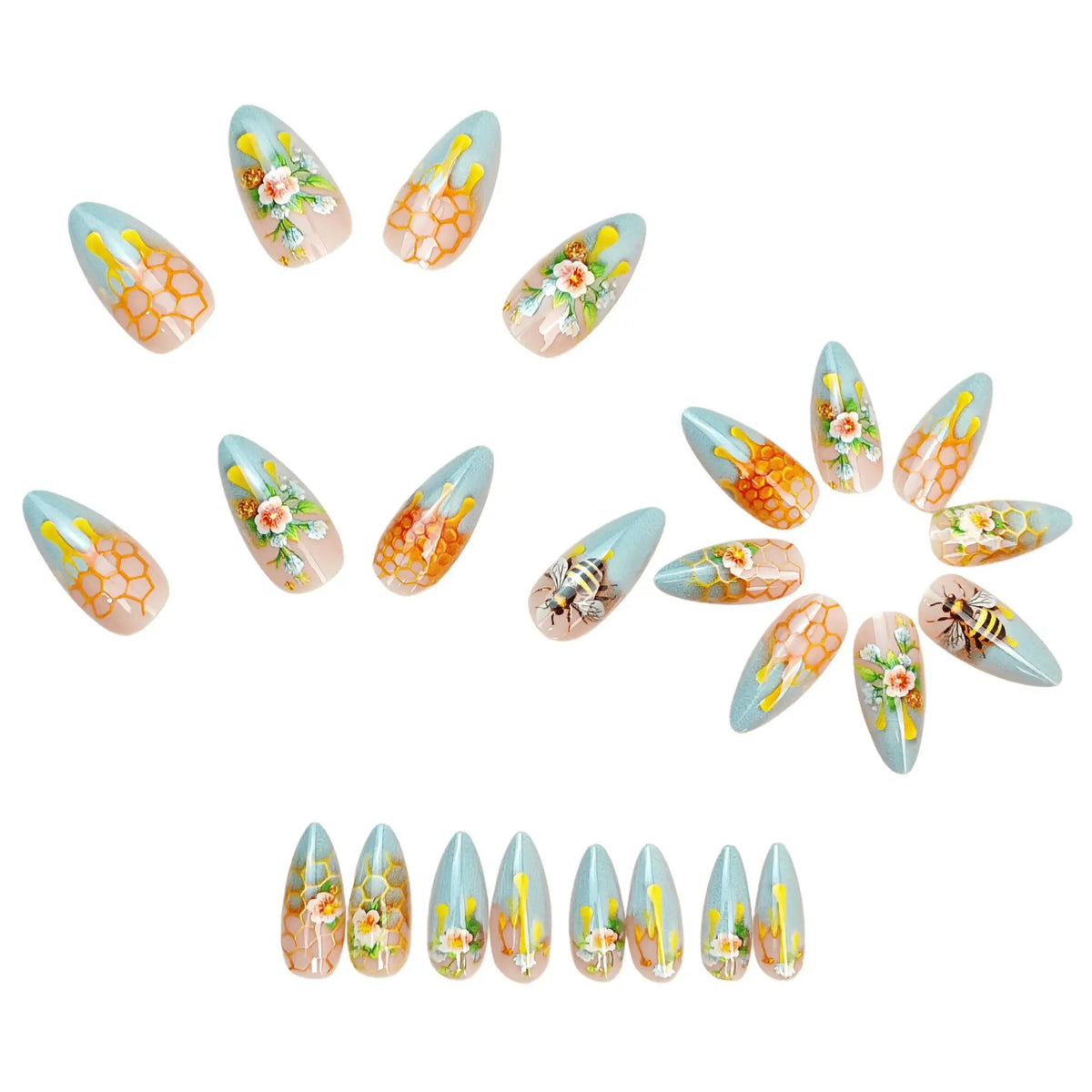 24pcs/set fake nails for women gradient nude green colors with flowers honeybee printing almond full cover press on false nail