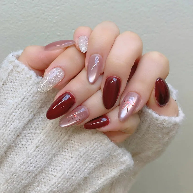 Short Medium fake nails cor women girls shimmer Glossy cat eyes nude red wine red colors french style press on false nail set