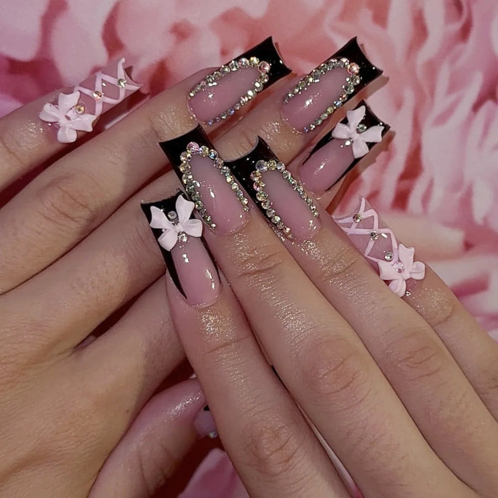 Black Cross Strap French 3D Bow Press-On Nails – Long Ballet, 24 Pcs