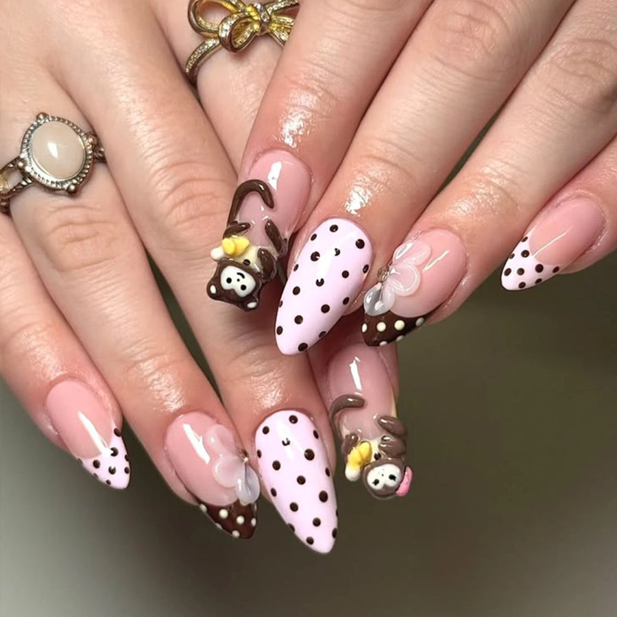 Cute Cartoon Monkey Polka Dot French Press-On Nails – Almond, 24 Pcs