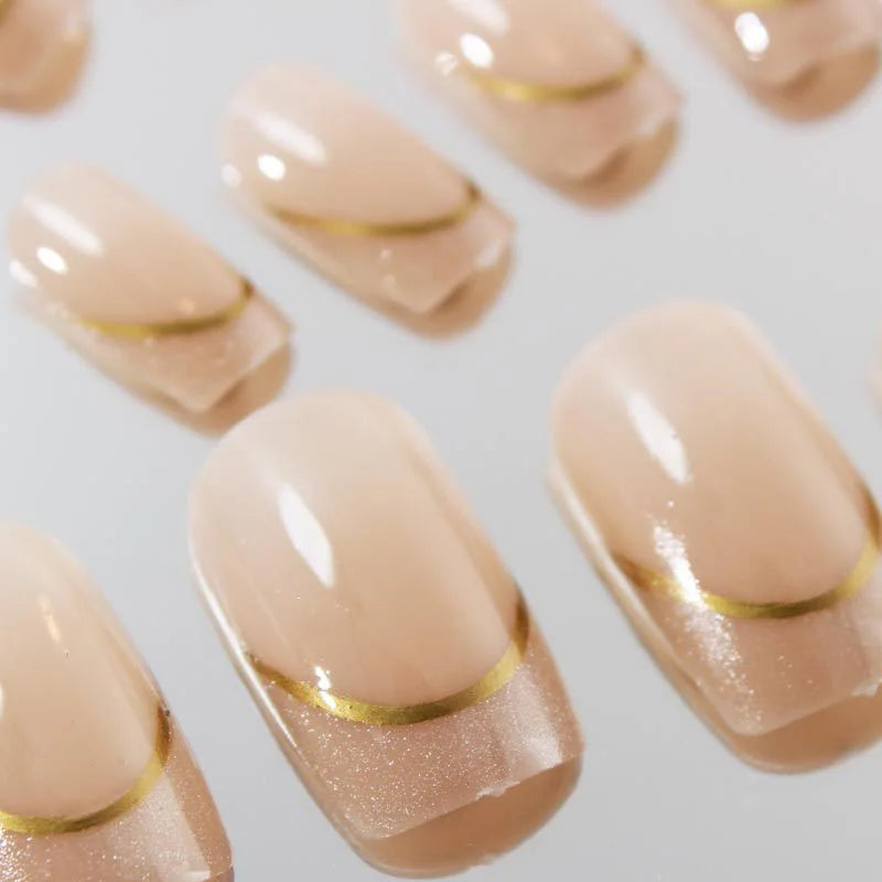 Nude square fake nails with sparkling shimmer nail tips french golden strips design full cover reusable press on Artificial Nai