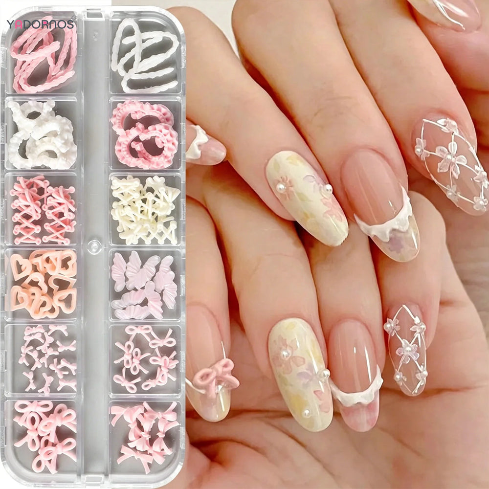 Pink Ballet 3D Bow & Heart Nail Charms – 12-Grid Box