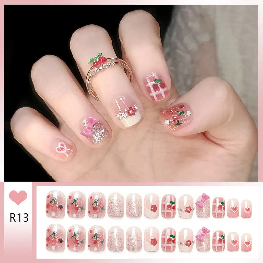 Bow & Heart Pattern Korean French Press-On Nails – Short Round, 24 Pcs