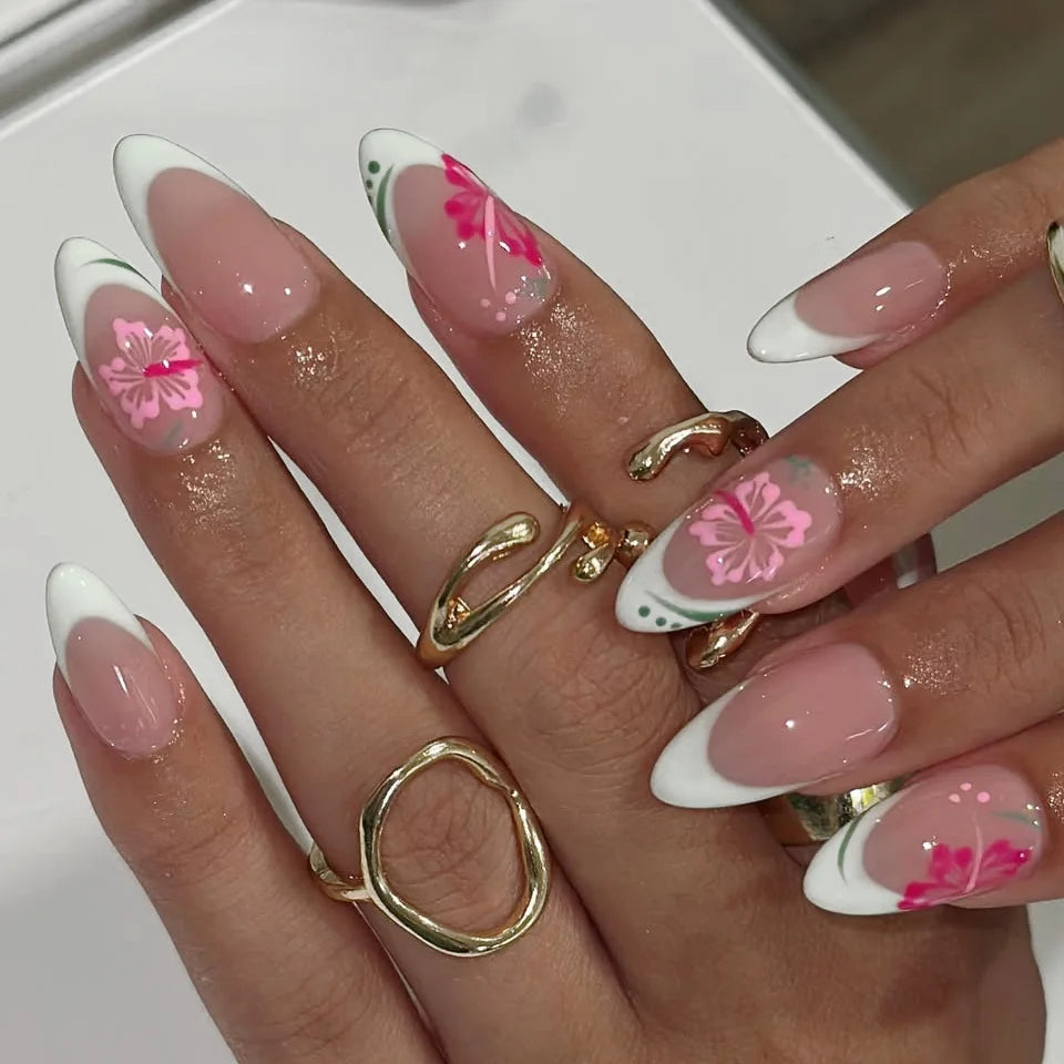 24pcs/set Medium long fake nail for Autumn Winter fashion maple leaves flowers brown green white pink tips press on false nail