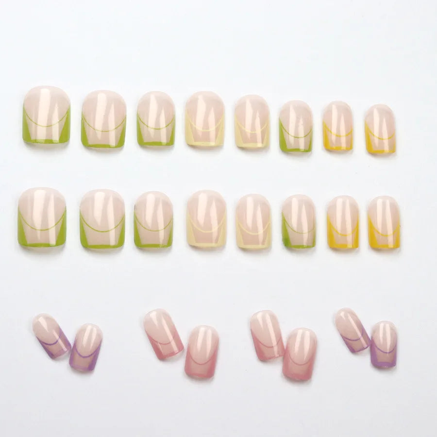 Short square fake nails for women Nude colors with french colorful strips Y2K full cover resuable press on false nail art set