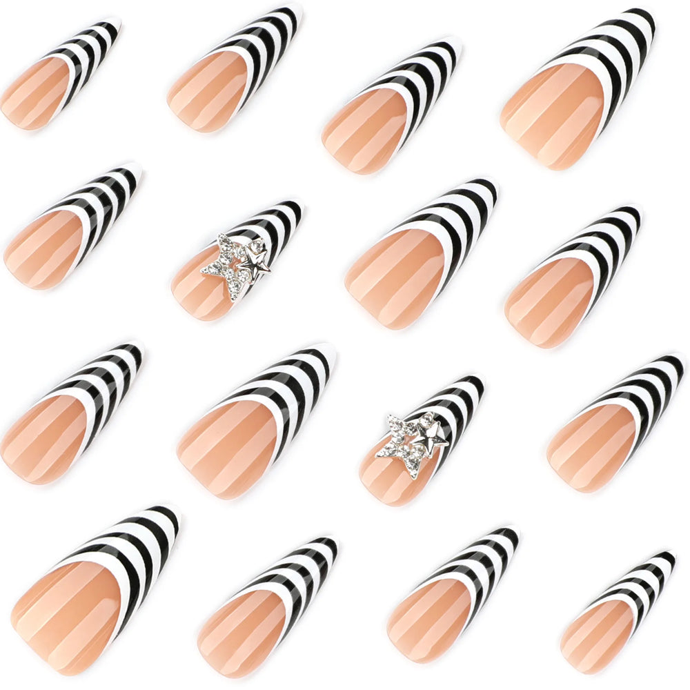 Black & White Zebra Stripe Press-On Nails – Long Stiletto, 24 Pcs