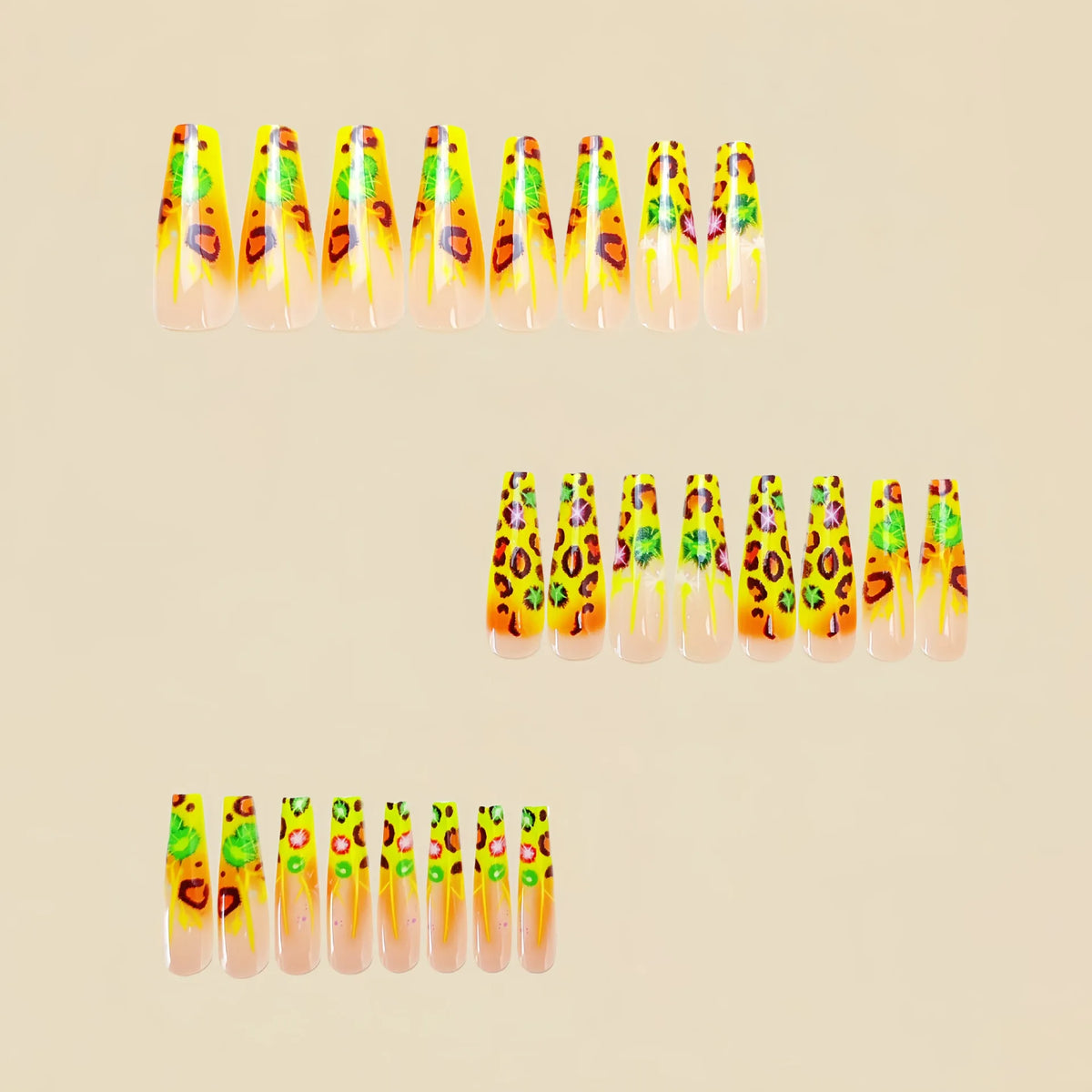 Long fake nails for women girls Y2K color gradient yellow red blue heart leopard print ballet tips full cover acrylic false nail