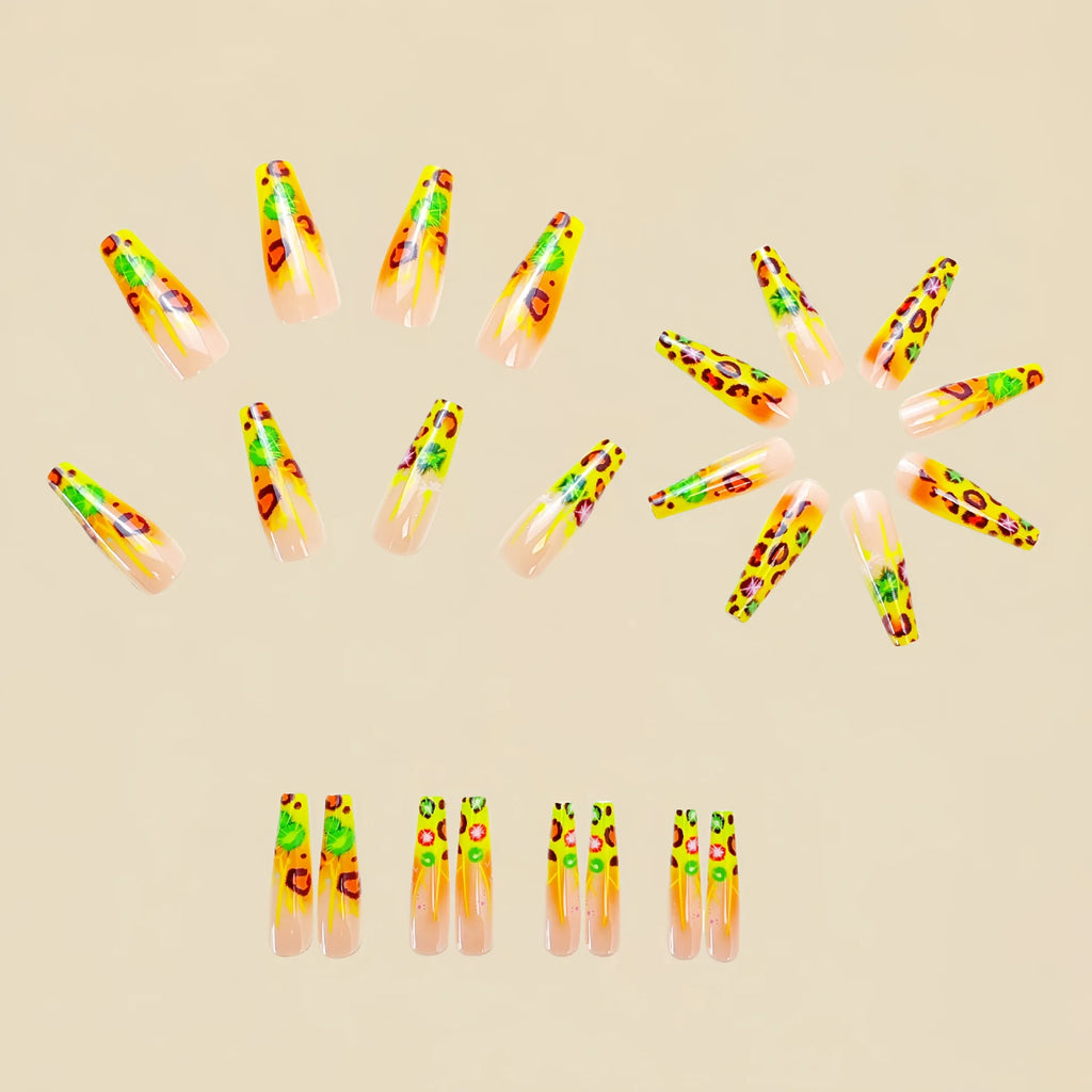 Long fake nails for women girls Y2K color gradient yellow red blue heart leopard print ballet tips full cover acrylic false nail