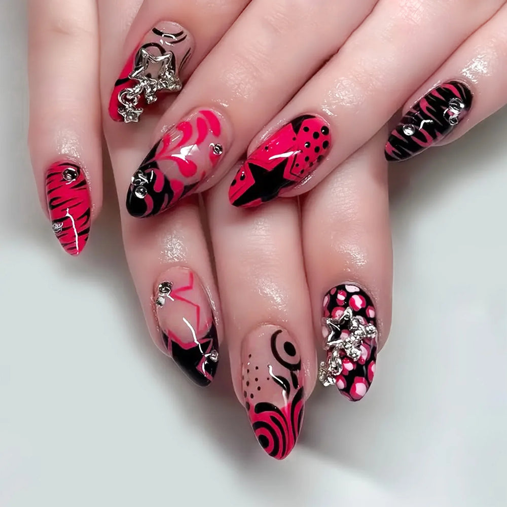 Pink Glossy Y2K Metal Star French Press-On Nails – Almond, 24 Pcs