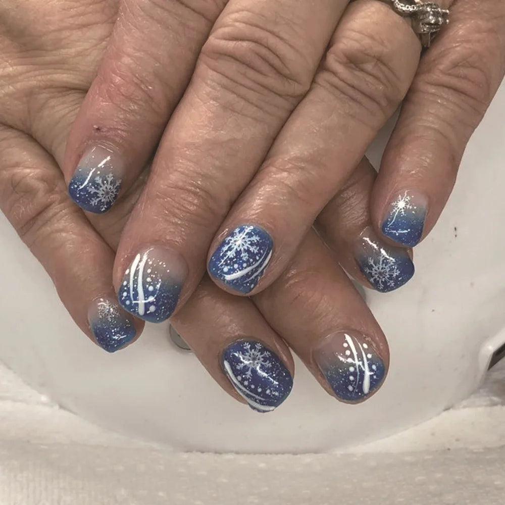 Snowflake Glitter Christmas Press-On Nails – Short Square, 24 Pcs