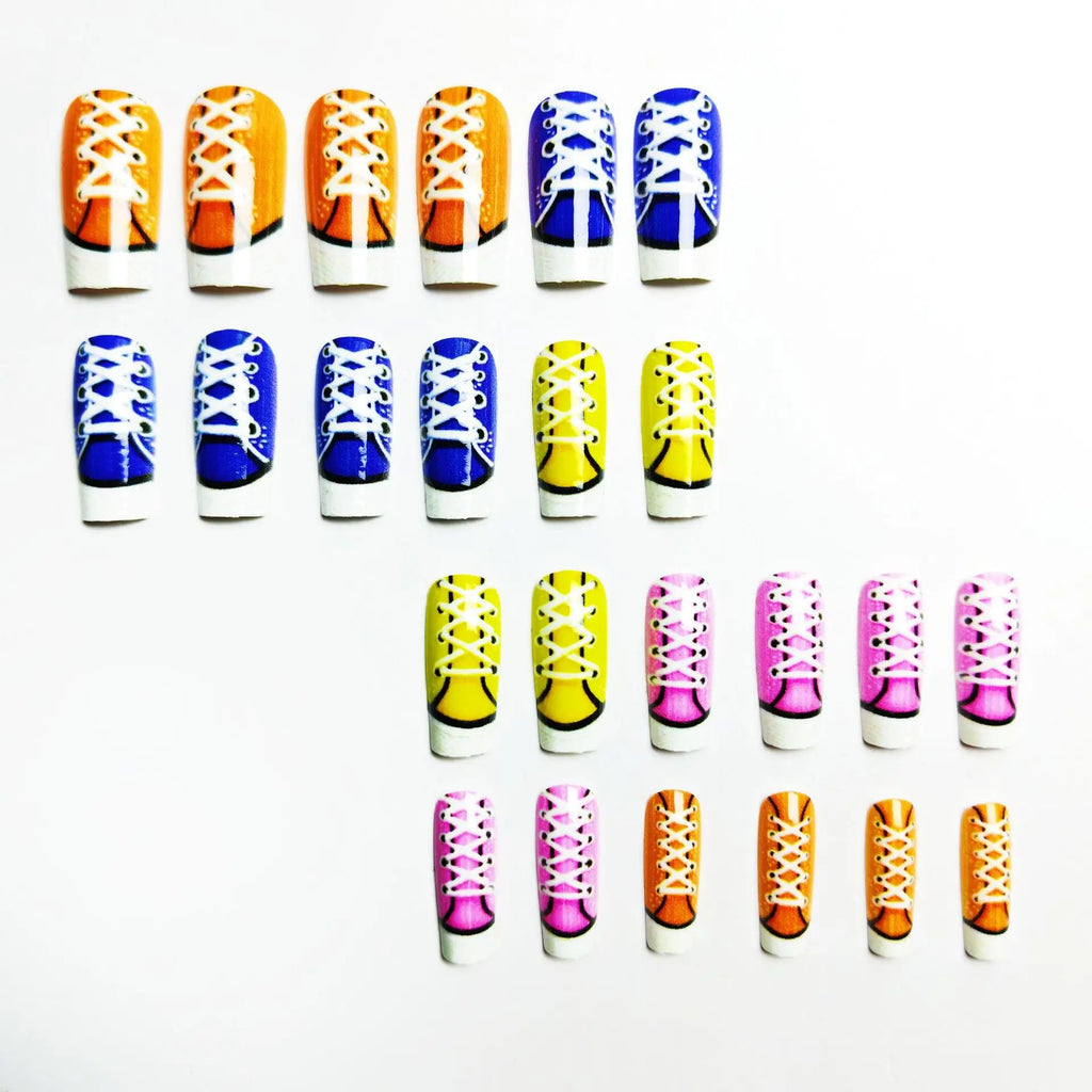24pcs/set Medium fake nails for women Y2K blue orange pink red shoes print Square nail tips full cover acrylic press on nails