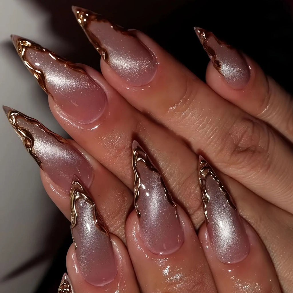 Medium long fake nails for women girls golden silver gilding frame nude french almond nail tips press on false nail art set