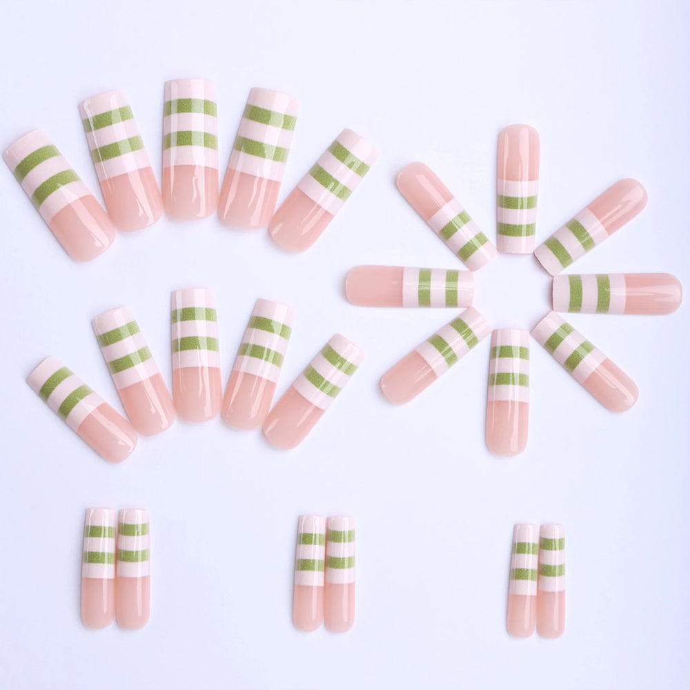 White & Green Stripe French Press-On Nails – Long Square, 24 Pcs