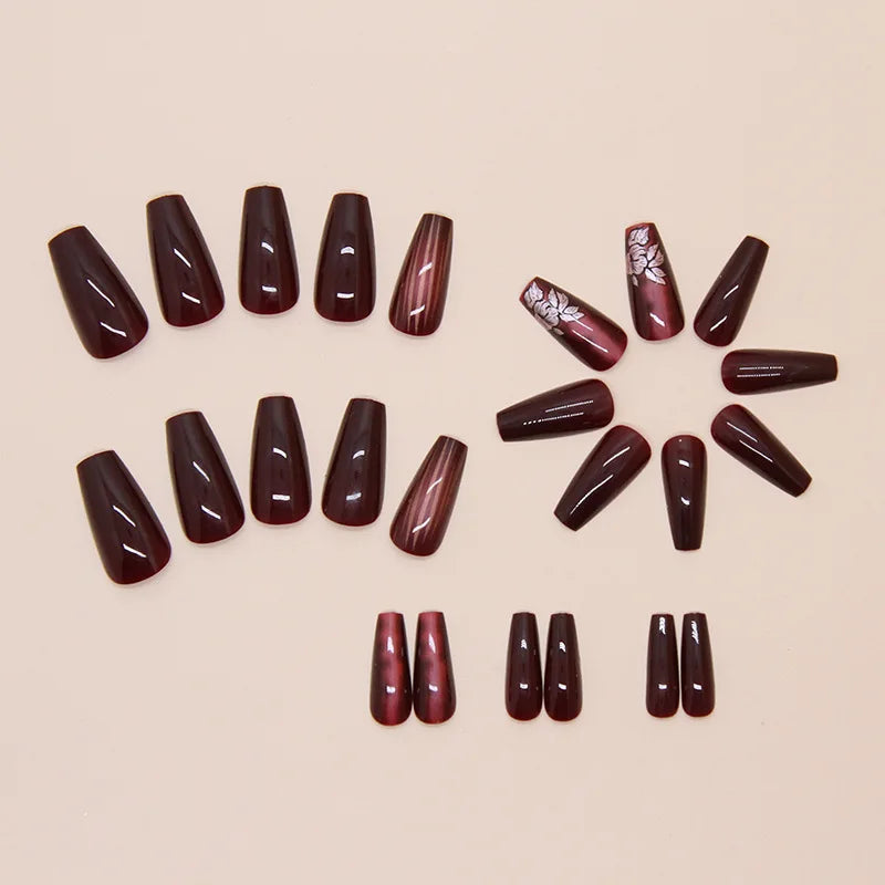 Medium fake nails for women girls dark red wine red glossy almond ballet nail tips with flowers design full cover press on nail