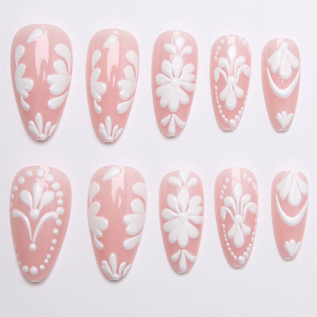 3D fake nails for women gilrs flowers bow design white nude pink almond nail tips full cover reusable press on false nail set