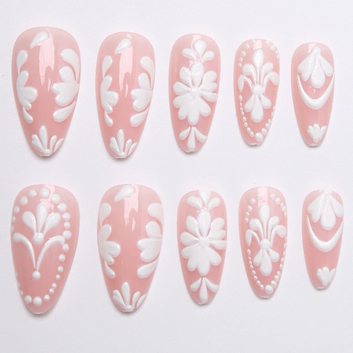 3D fake nails for women gilrs flowers bow design white nude pink almond nail tips full cover reusable press on false nail set
