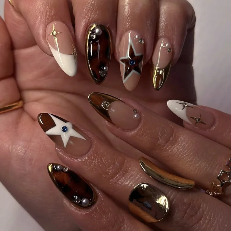 Colorful Star & Stripe French Y2K Press-On Nails – Almond, 24 Pcs