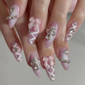 3D fake nails for women gilrs flowers bow design white nude pink almond nail tips full cover reusable press on false nail set