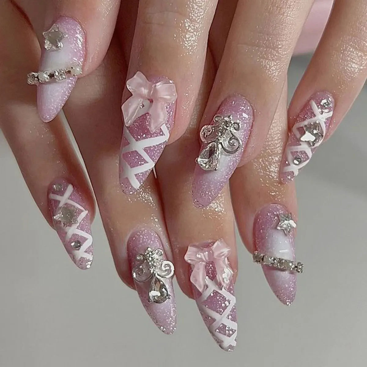 3D fake nails for women gilrs flowers bow design white nude pink almond nail tips full cover reusable press on false nail set