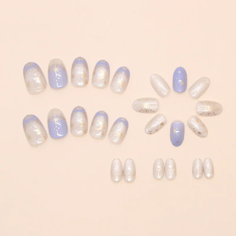 24pcs/set cat eyes fake nails for women Oval nail tips with moon star printing french style full cover press on false nails art