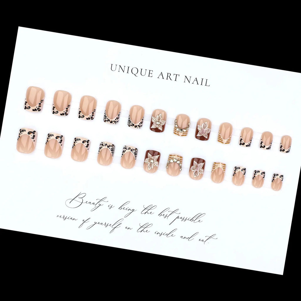 Short Square fake nails for women nude brown colors with leopard print 3D flowers rhinestones design full cover press on nails
