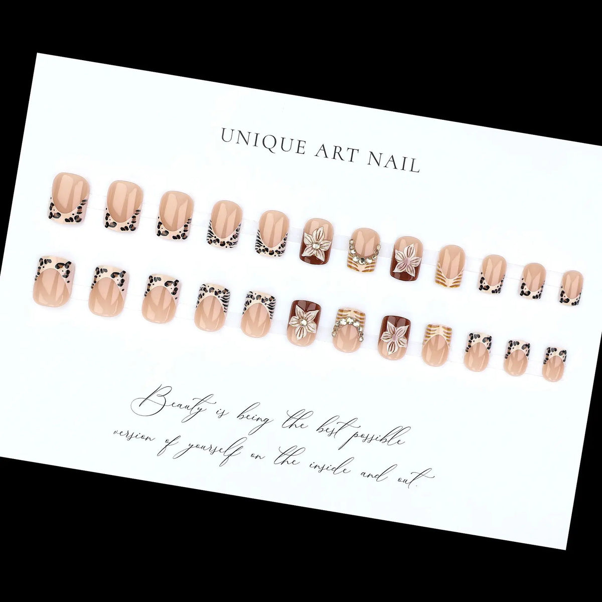 Short Square fake nails for women nude brown colors with leopard print 3D flowers rhinestones design full cover press on nails